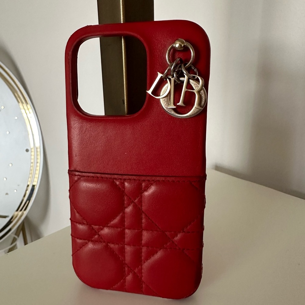 DIOR Limited Edition Lady Dior Cover iPhone 14 Pro Case Red Cannage Lambskin